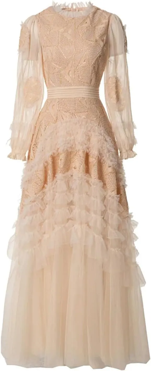 Women Tulle Sequin Cake Evening Dresses Summer Crew Neck Ruffles Long Sleeve A-Line Maxi Dress
