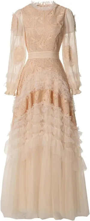 Women Tulle Sequin Cake Evening Dresses Summer Crew Neck Ruffles Long Sleeve A-Line Maxi Dress