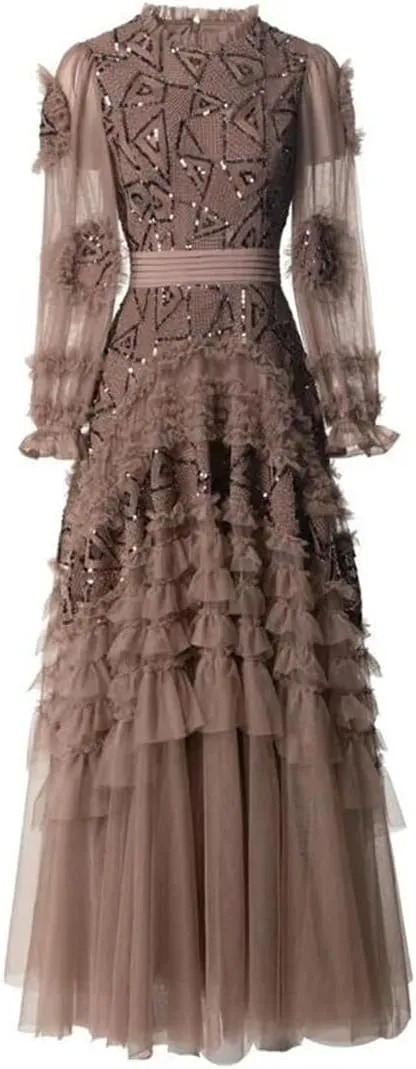 Women Tulle Sequin Cake Evening Dresses Summer Crew Neck Ruffles Long Sleeve A-Line Maxi Dress