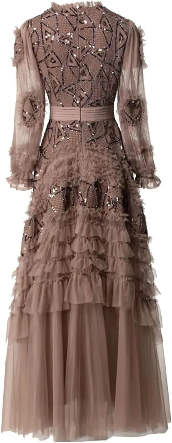 Women Tulle Sequin Cake Evening Dresses Summer Crew Neck Ruffles Long Sleeve A-Line Maxi Dress