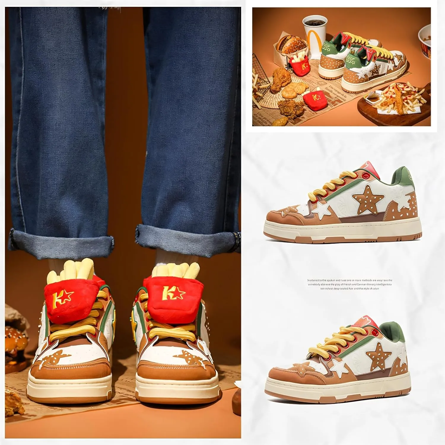 Women Y2K Star Sneakers, Harajuku Hamburger Fries Shoes, Versatile Kawaii Streetwear Trainers, Dopamine Tone Lightweight