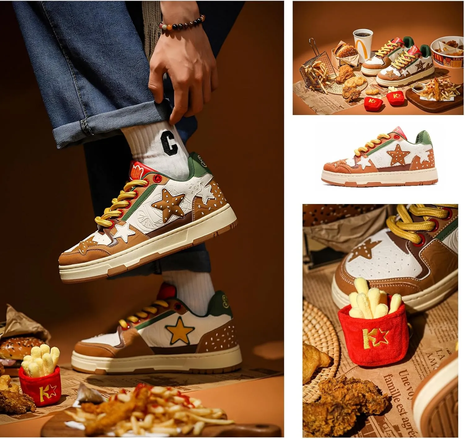 Women Y2K Star Sneakers, Harajuku Hamburger Fries Shoes, Versatile Kawaii Streetwear Trainers, Dopamine Tone Lightweight