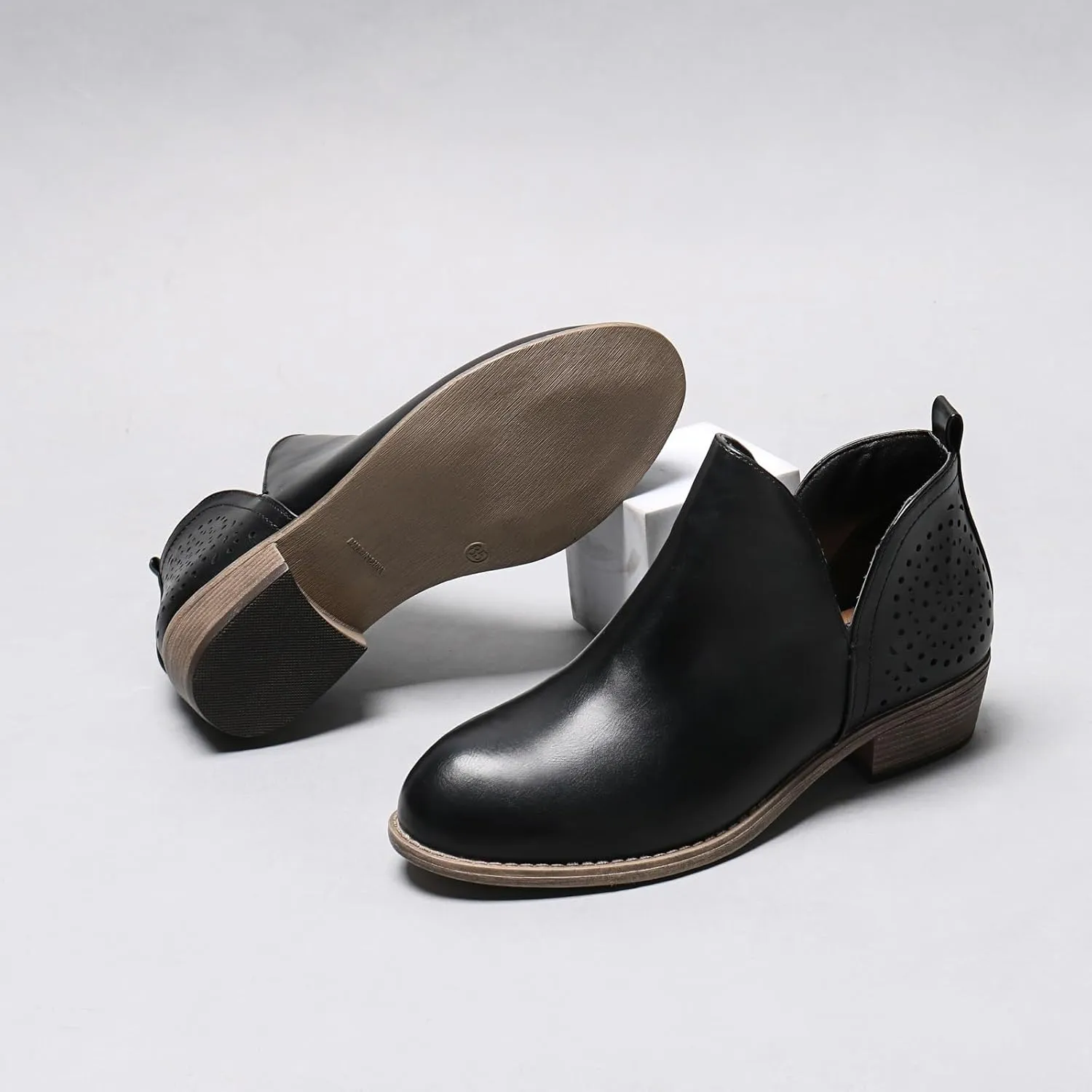 Women's Ankle Boots Low Heels Chunky Perforated Western Shoes Casual Round Toe Cutout Booties