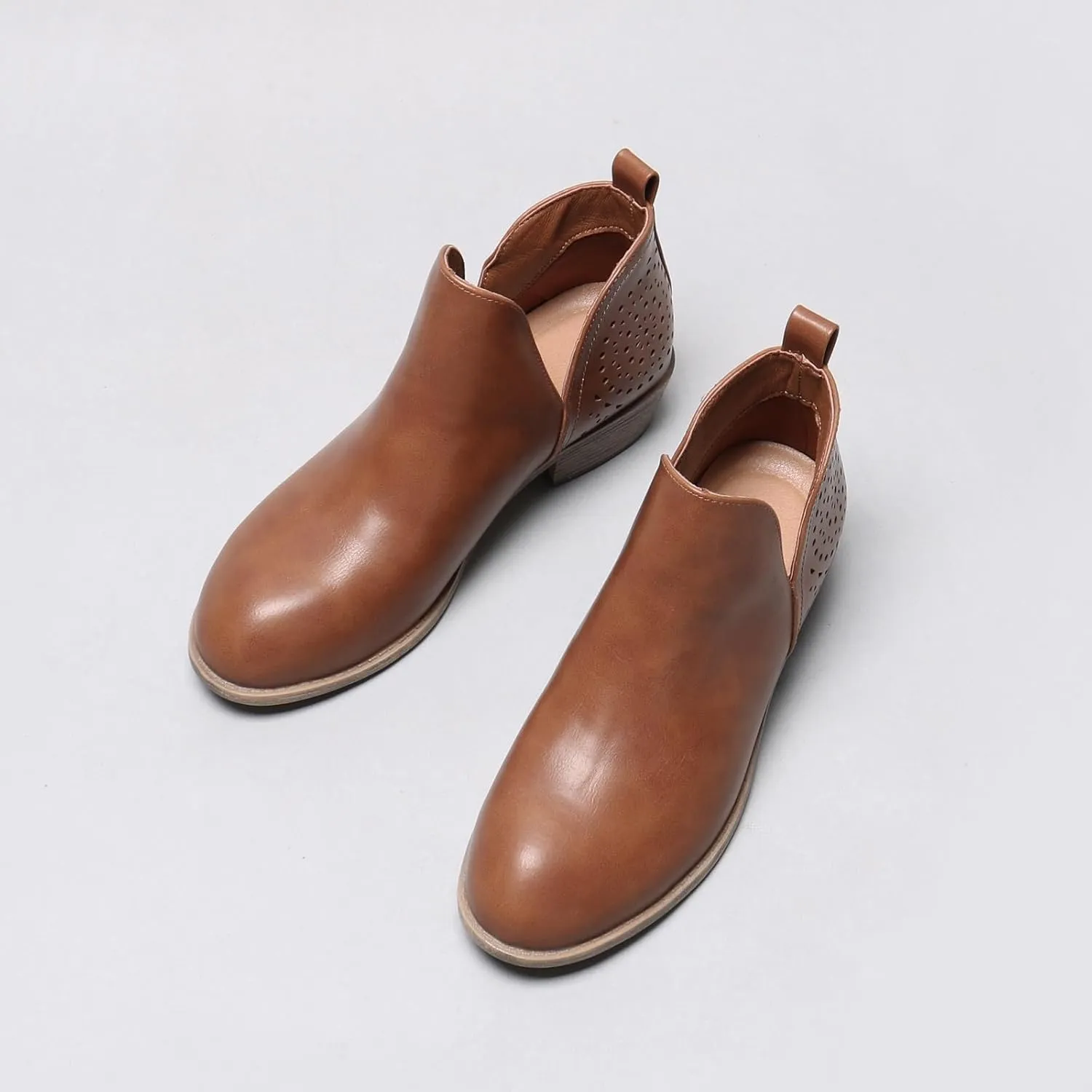 Women's Ankle Boots Low Heels Chunky Perforated Western Shoes Casual Round Toe Cutout Booties