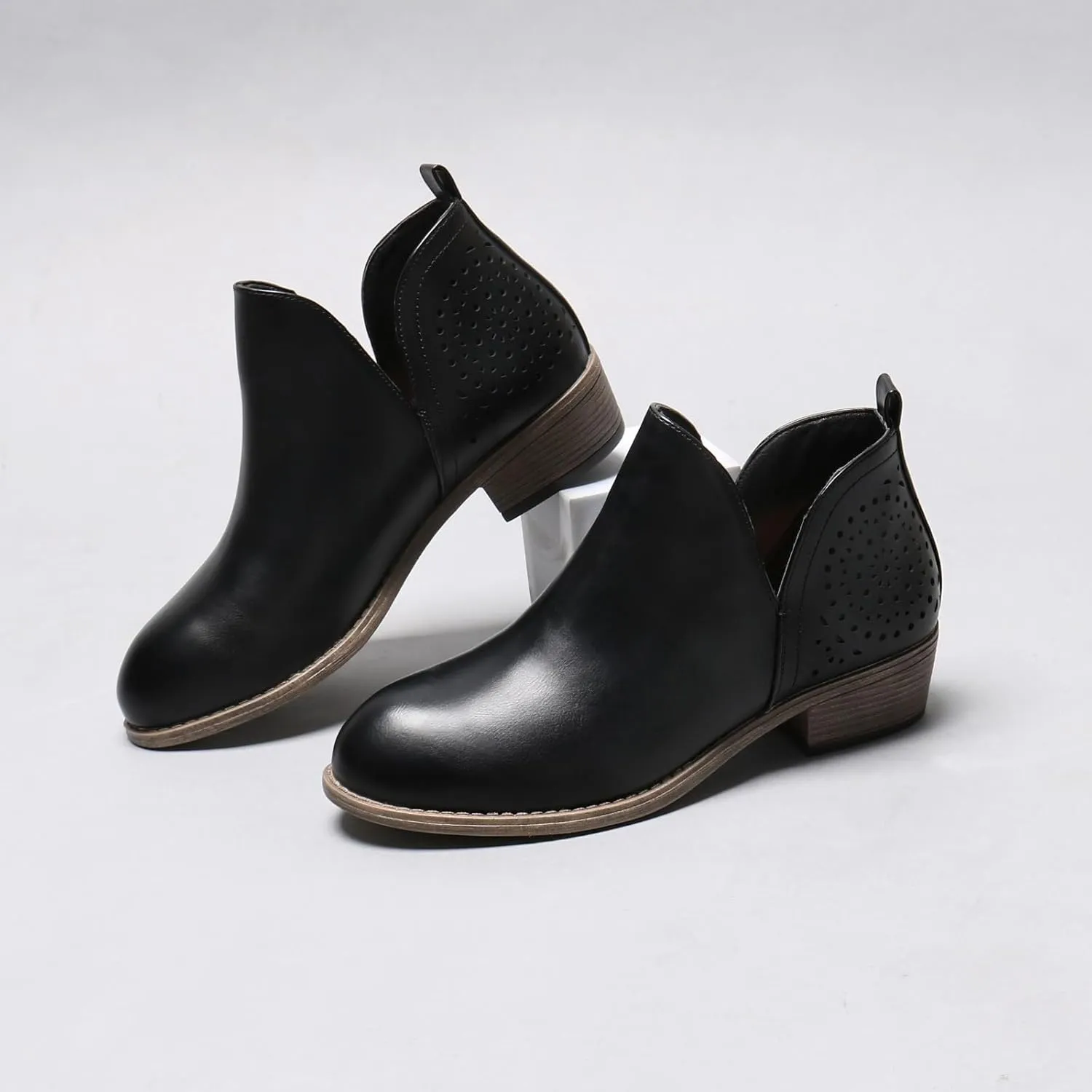 Women's Ankle Boots Low Heels Chunky Perforated Western Shoes Casual Round Toe Cutout Booties