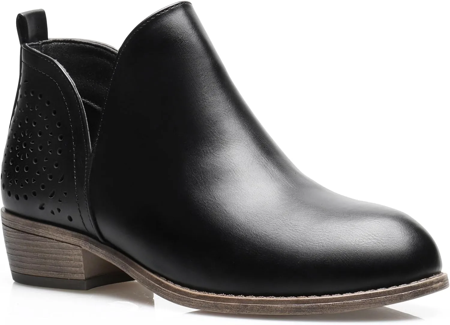 Women's Ankle Boots Low Heels Chunky Perforated Western Shoes Casual Round Toe Cutout Booties