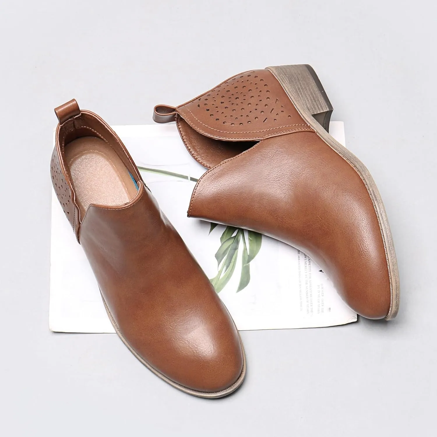 Women's Ankle Boots Low Heels Chunky Perforated Western Shoes Casual Round Toe Cutout Booties