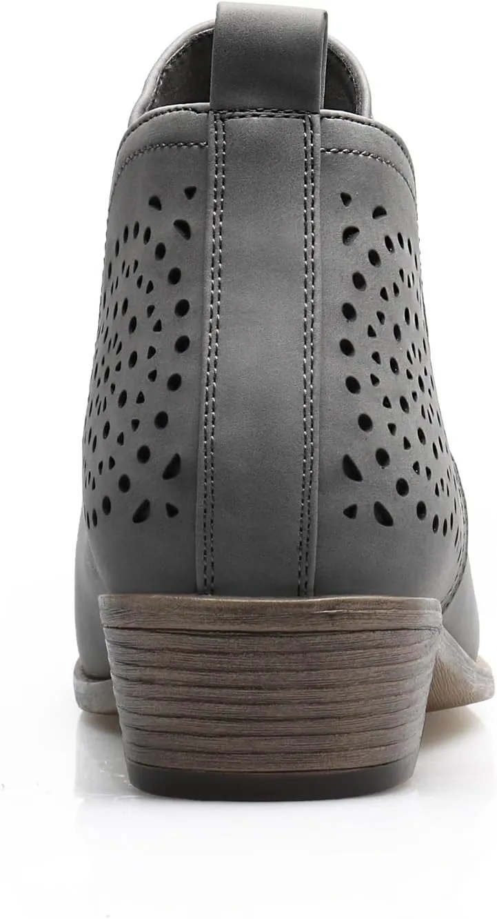 Women's Ankle Boots Low Heels Chunky Perforated Western Shoes Casual Round Toe Cutout Booties