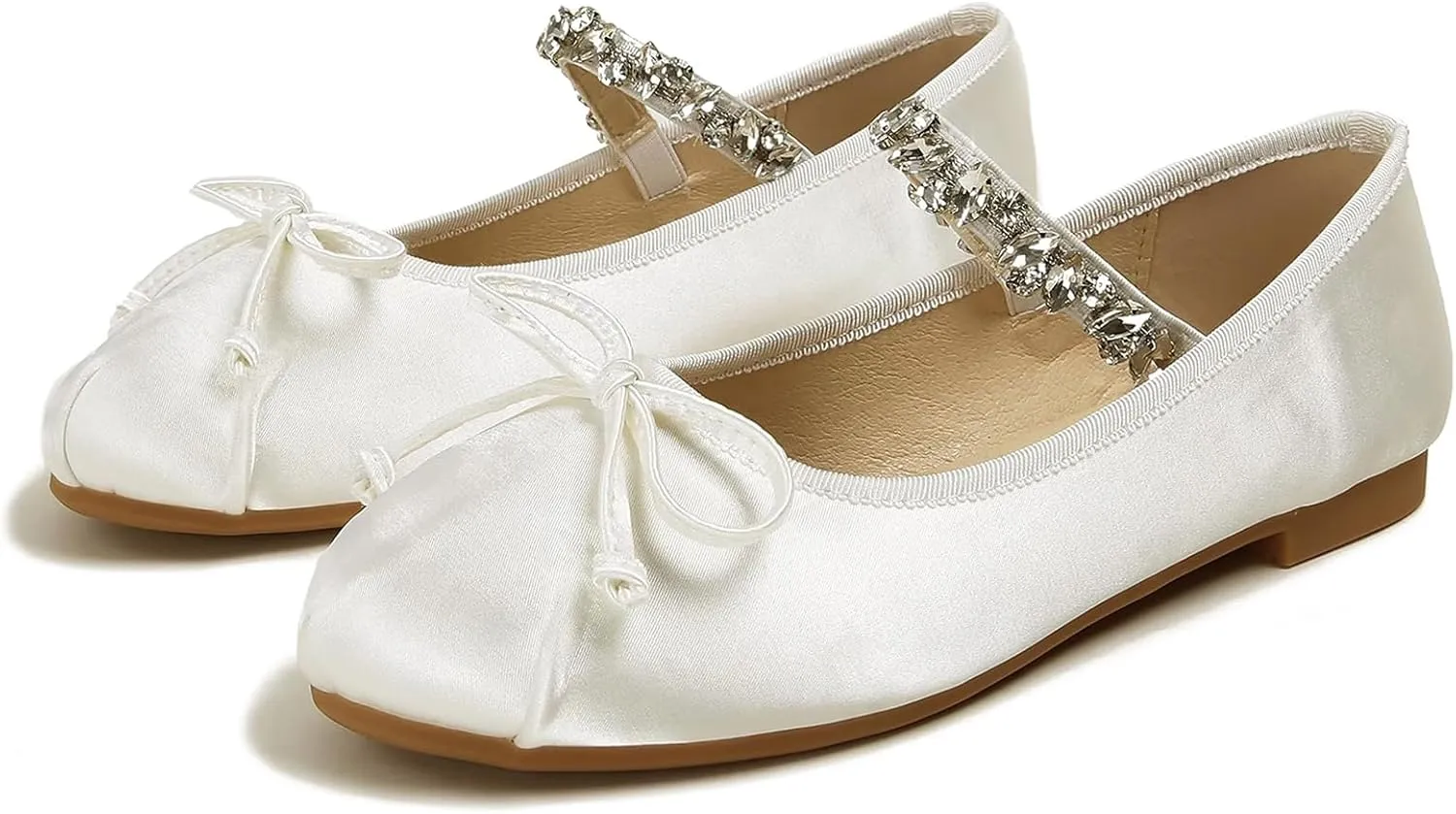 Women's Bow Ballet Flats with Rhinestone Strap Fashion Satin Round Toe Mary Jane Flats Comfortable Casual Dress Ballerina Shoes