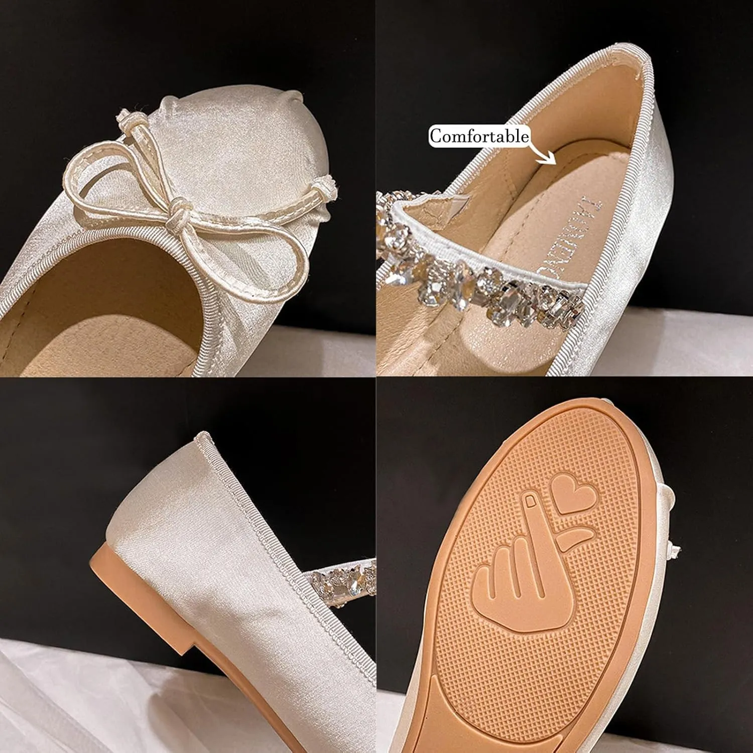 Women's Bow Ballet Flats with Rhinestone Strap Fashion Satin Round Toe Mary Jane Flats Comfortable Casual Dress Ballerina Shoes