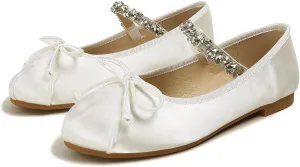 Women's Bow Ballet Flats with Rhinestone Strap Fashion Satin Round Toe Mary Jane Flats Comfortable Casual Dress Ballerina Shoes