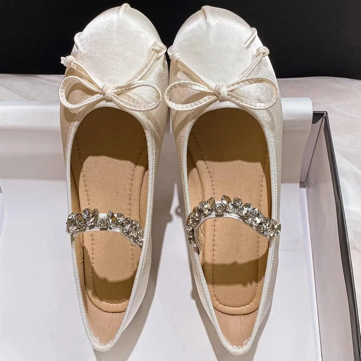 Women's Bow Ballet Flats with Rhinestone Strap Fashion Satin Round Toe Mary Jane Flats Comfortable Casual Dress Ballerina Shoes