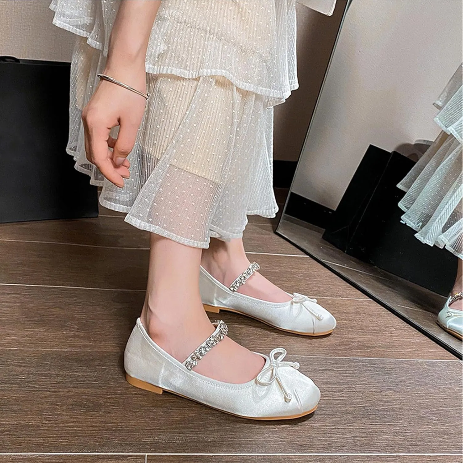 Women's Bow Ballet Flats with Rhinestone Strap Fashion Satin Round Toe Mary Jane Flats Comfortable Casual Dress Ballerina Shoes