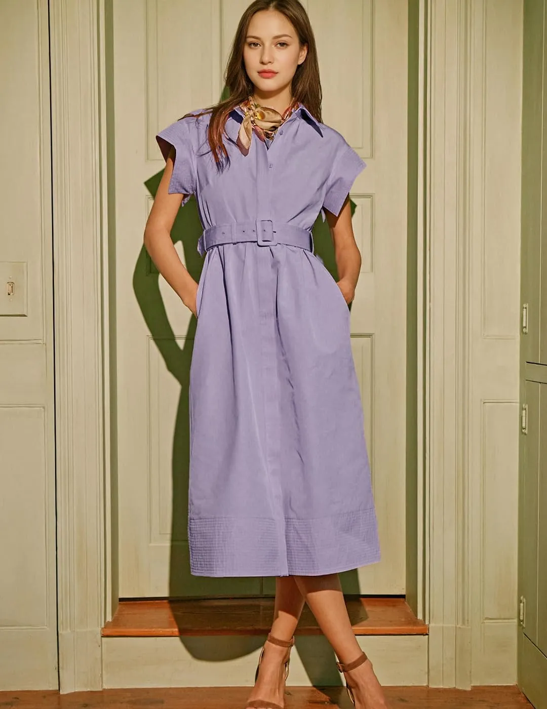 Women's Casual Button Shirt Dresses Short Sleeve Business Long Dresses Elegant Trench Coat with Pockets