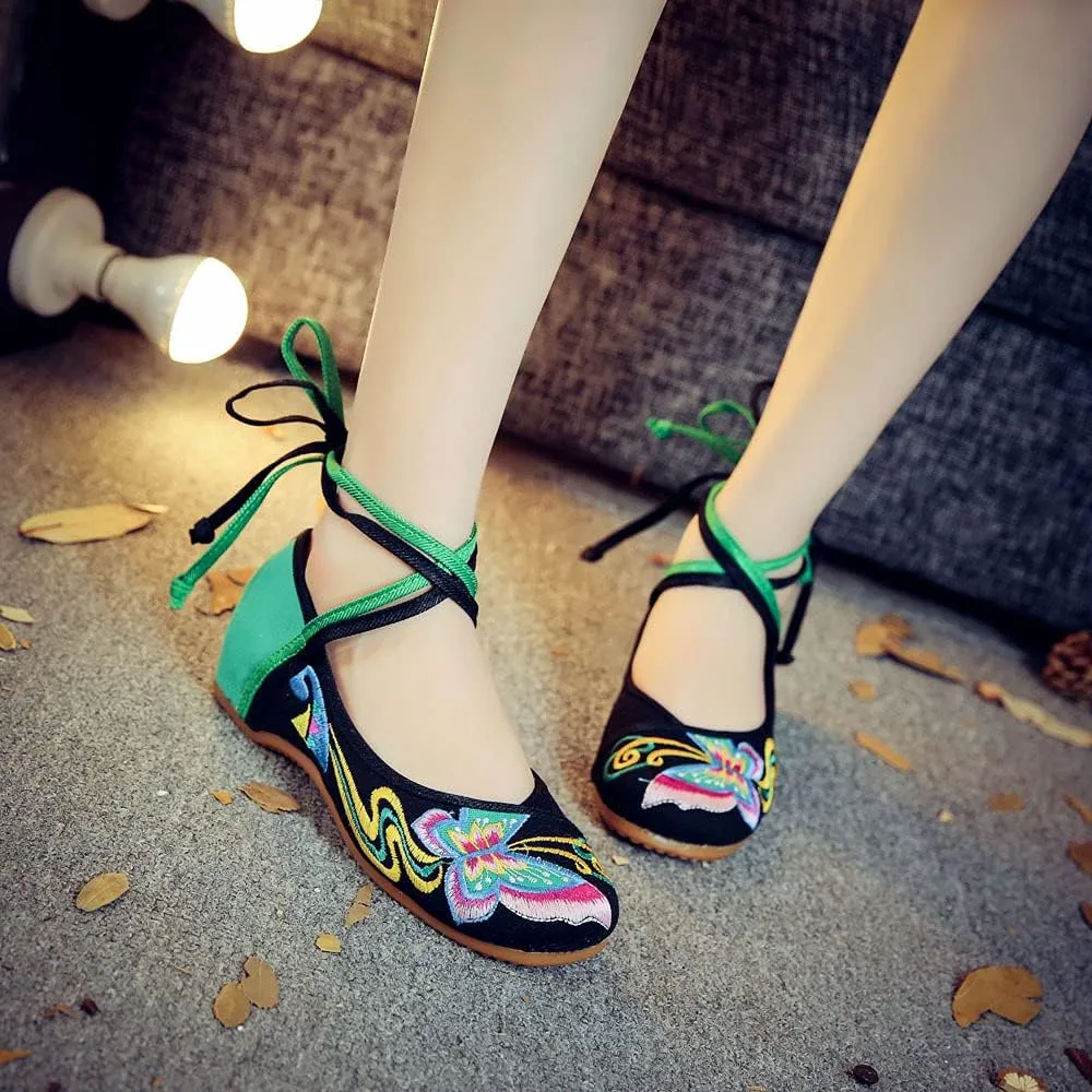 Women's Chinese Traditional Butterfly Embroidered Oxfords Sole Cheongsam Walking Mary Jane Dance Shoes Vintage Casual Flats