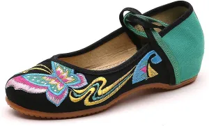 Women's Chinese Traditional Butterfly Embroidered Oxfords Sole Cheongsam Walking Mary Jane Dance Shoes Vintage Casual Flats