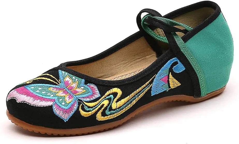 Women's Chinese Traditional Butterfly Embroidered Oxfords Sole Cheongsam Walking Mary Jane Dance Shoes Vintage Casual Flats
