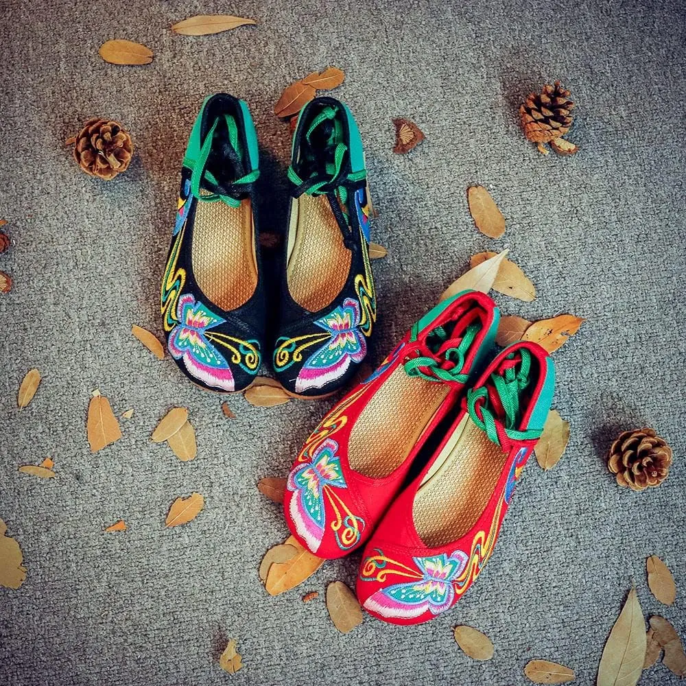 Women's Chinese Traditional Butterfly Embroidered Oxfords Sole Cheongsam Walking Mary Jane Dance Shoes Vintage Casual Flats
