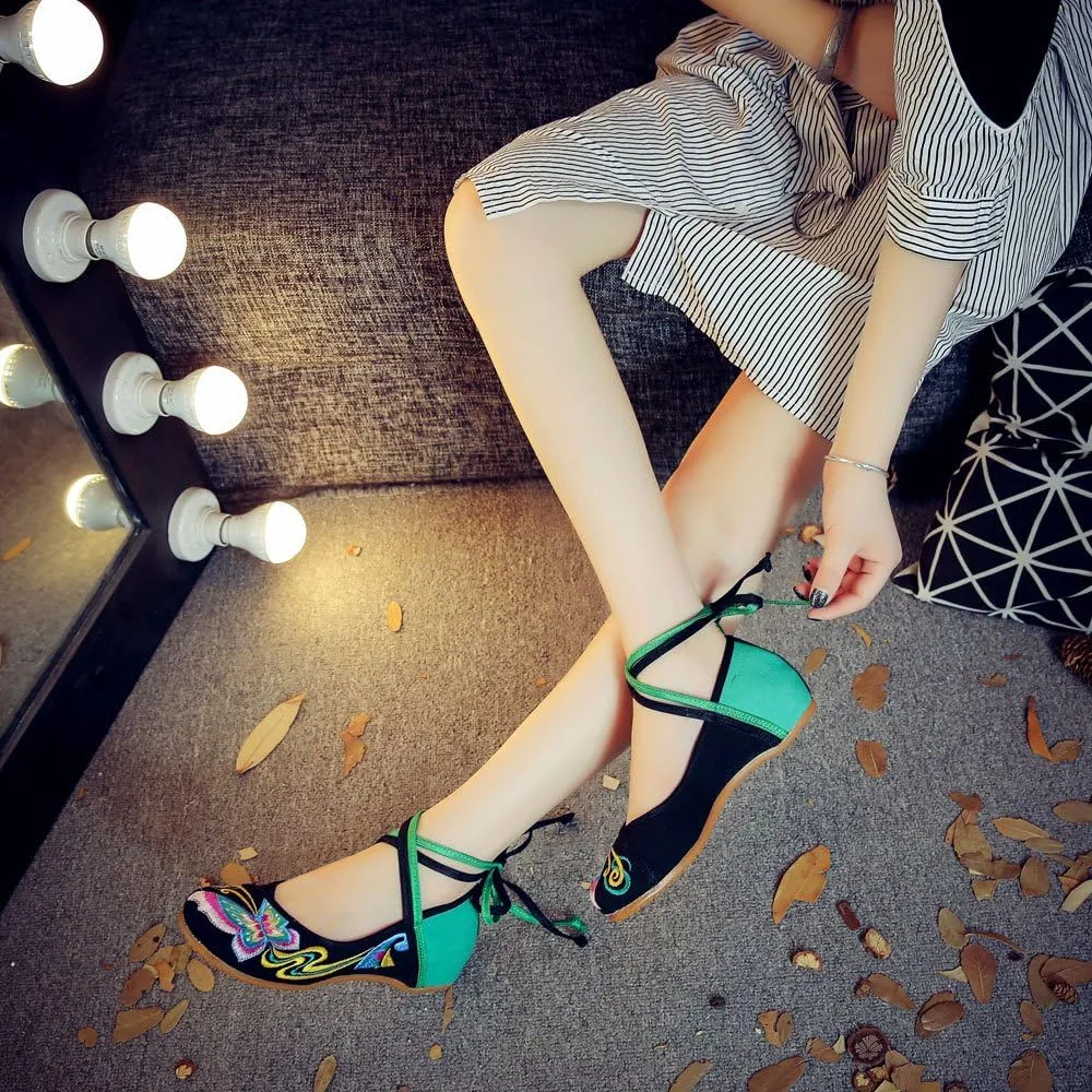 Women's Chinese Traditional Butterfly Embroidered Oxfords Sole Cheongsam Walking Mary Jane Dance Shoes Vintage Casual Flats
