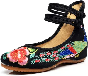 Women's Chinese Traditional Embroidered Oxfords Sole Cheongsam Mary Jane Shoes Ladies Casual Comfort Soft Canvas Flats