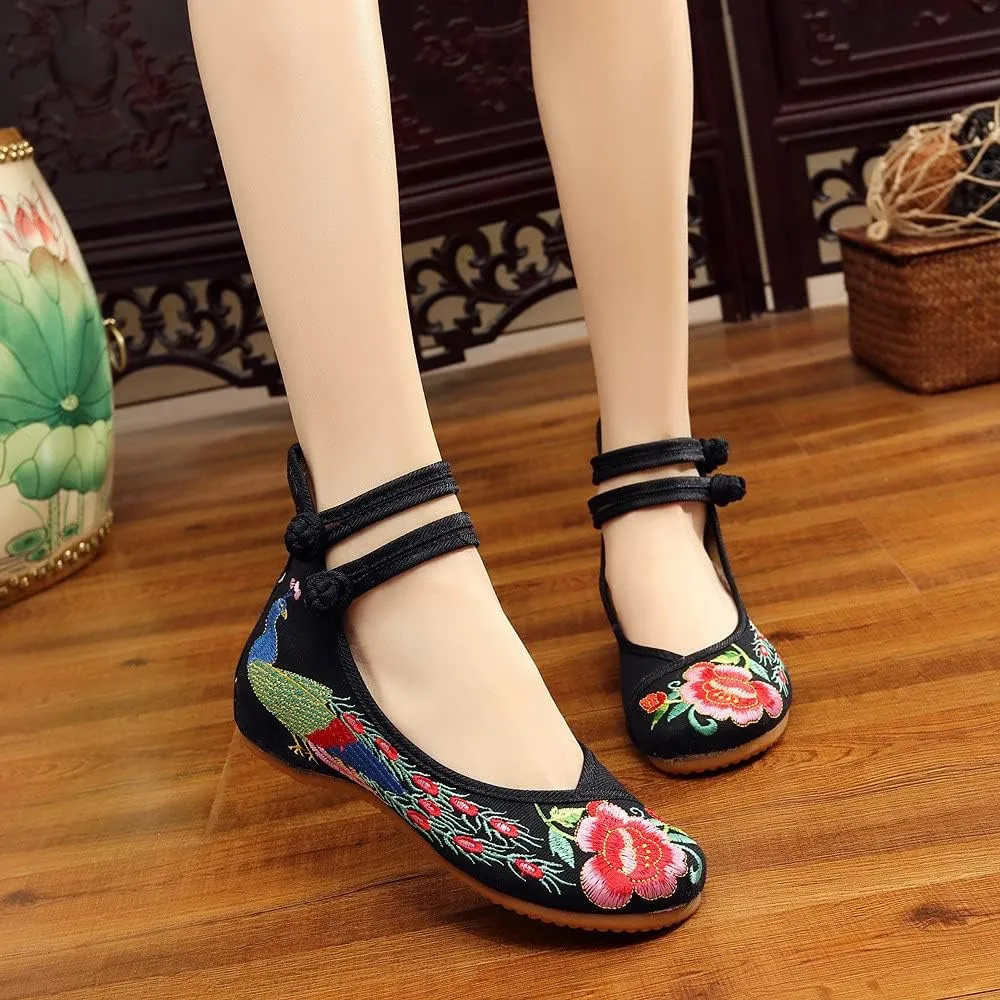 Women's Chinese Traditional Embroidered Oxfords Sole Cheongsam Mary Jane Shoes Ladies Casual Comfort Soft Canvas Flats