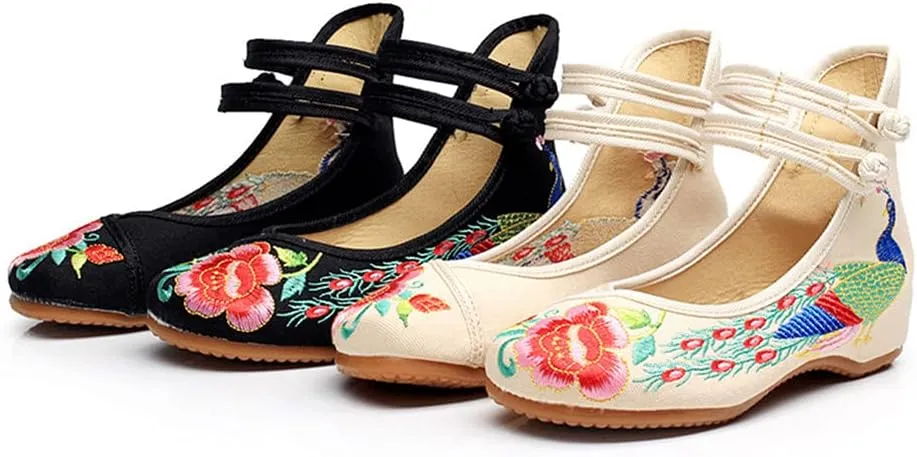 Women's Chinese Traditional Embroidered Oxfords Sole Cheongsam Mary Jane Shoes Ladies Casual Comfort Soft Canvas Flats