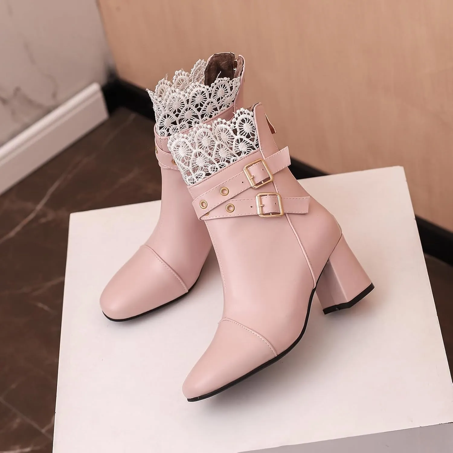 Women's Chunky Heel Ankle Boots, Mid Block Heel Booties, Square Toe Heeled Short Boots