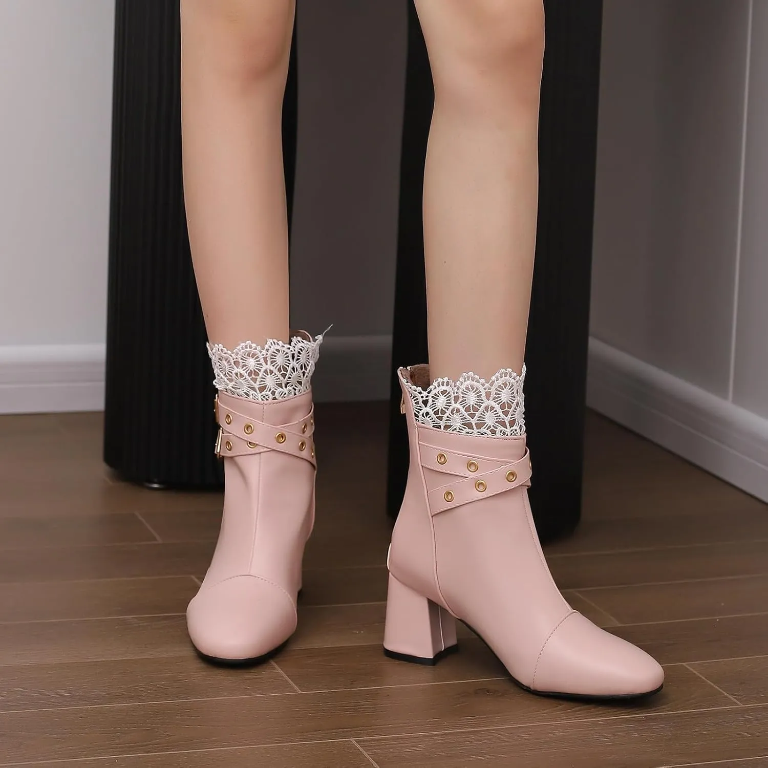 Women's Chunky Heel Ankle Boots, Mid Block Heel Booties, Square Toe Heeled Short Boots