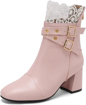 Women's Chunky Heel Ankle Boots, Mid Block Heel Booties, Square Toe Heeled Short Boots