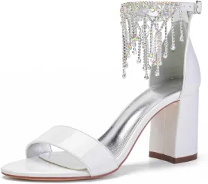 Women's Chunky High Heels Open Toe for Wedding Buckle Block Ankle Strap Rhinestones Dress Wedding Party Pumps Shoes