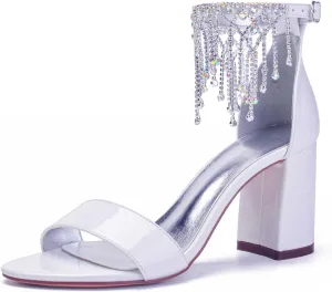 Women's Chunky High Heels Open Toe for Wedding Buckle Block Ankle Strap Rhinestones Dress Wedding Party Pumps Shoes