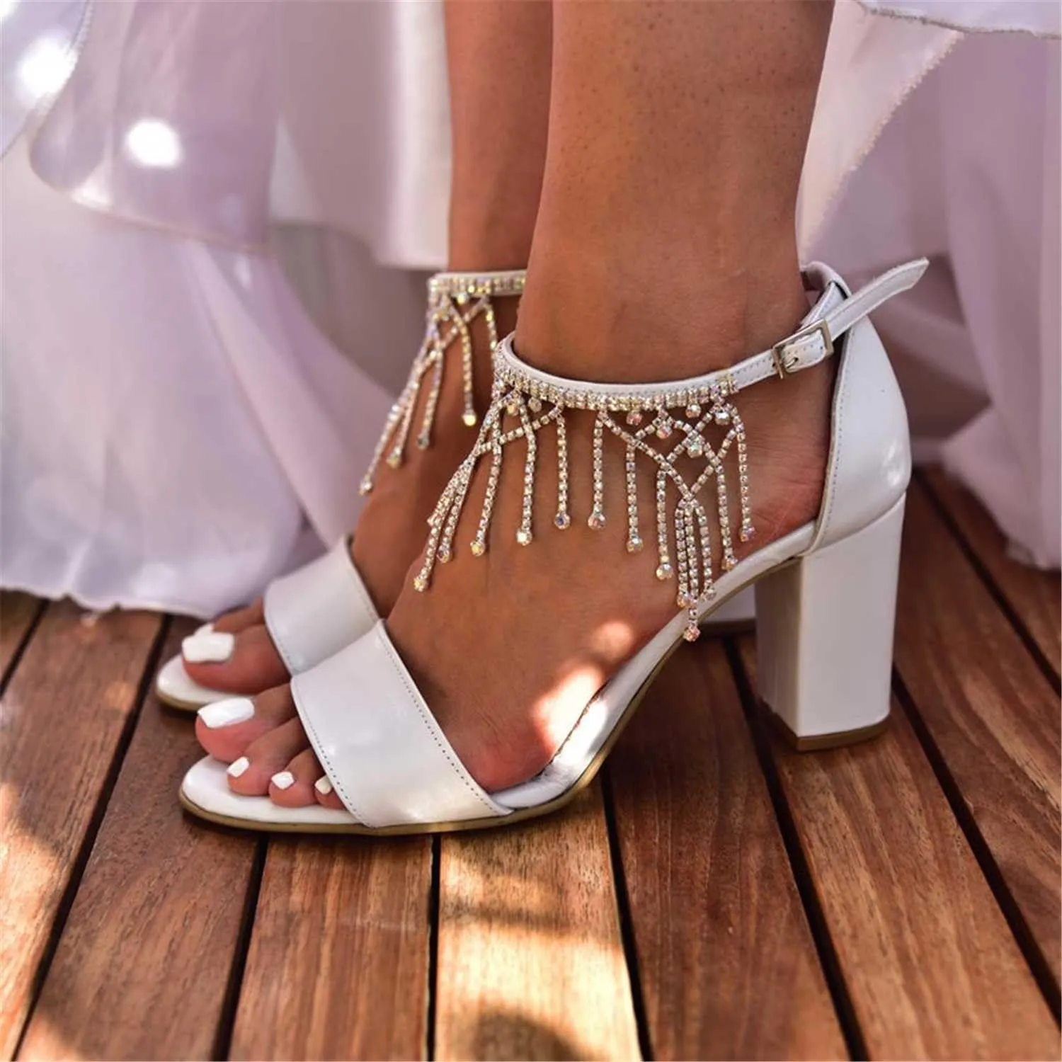 Women's Chunky High Heels Open Toe for Wedding Buckle Block Ankle Strap Rhinestones Dress Wedding Party Pumps Shoes