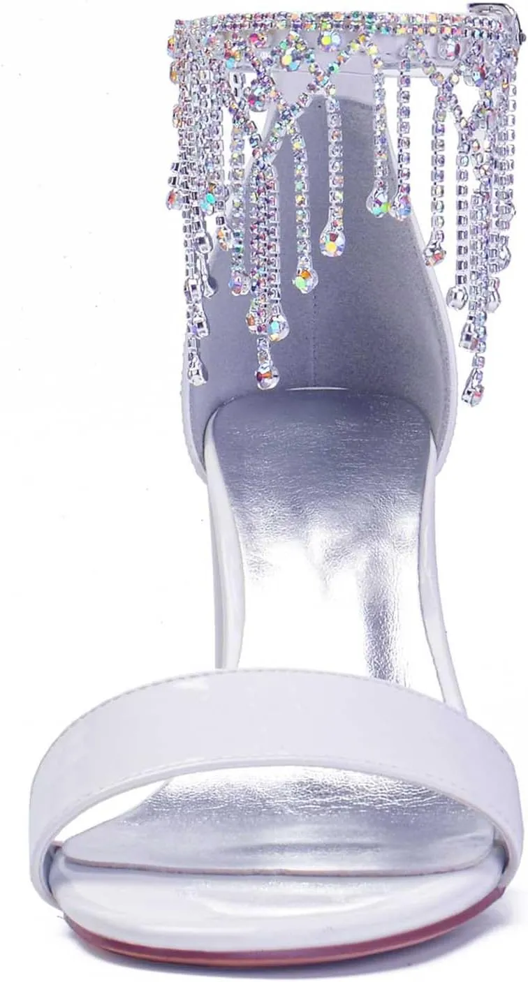 Women's Chunky High Heels Open Toe for Wedding Buckle Block Ankle Strap Rhinestones Dress Wedding Party Pumps Shoes