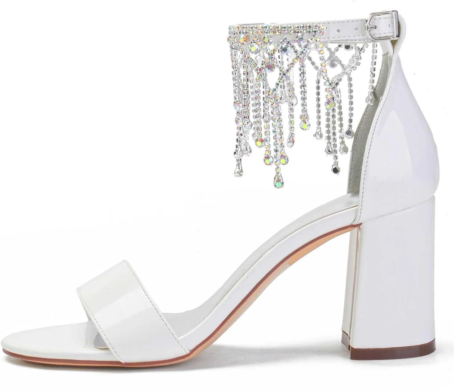 Women's Chunky High Heels Open Toe for Wedding Buckle Block Ankle Strap Rhinestones Dress Wedding Party Pumps Shoes
