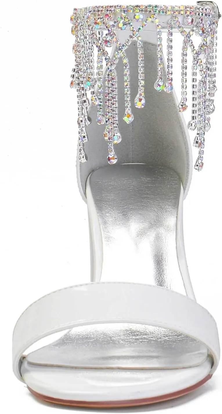 Women's Chunky High Heels Open Toe for Wedding Buckle Block Ankle Strap Rhinestones Dress Wedding Party Pumps Shoes