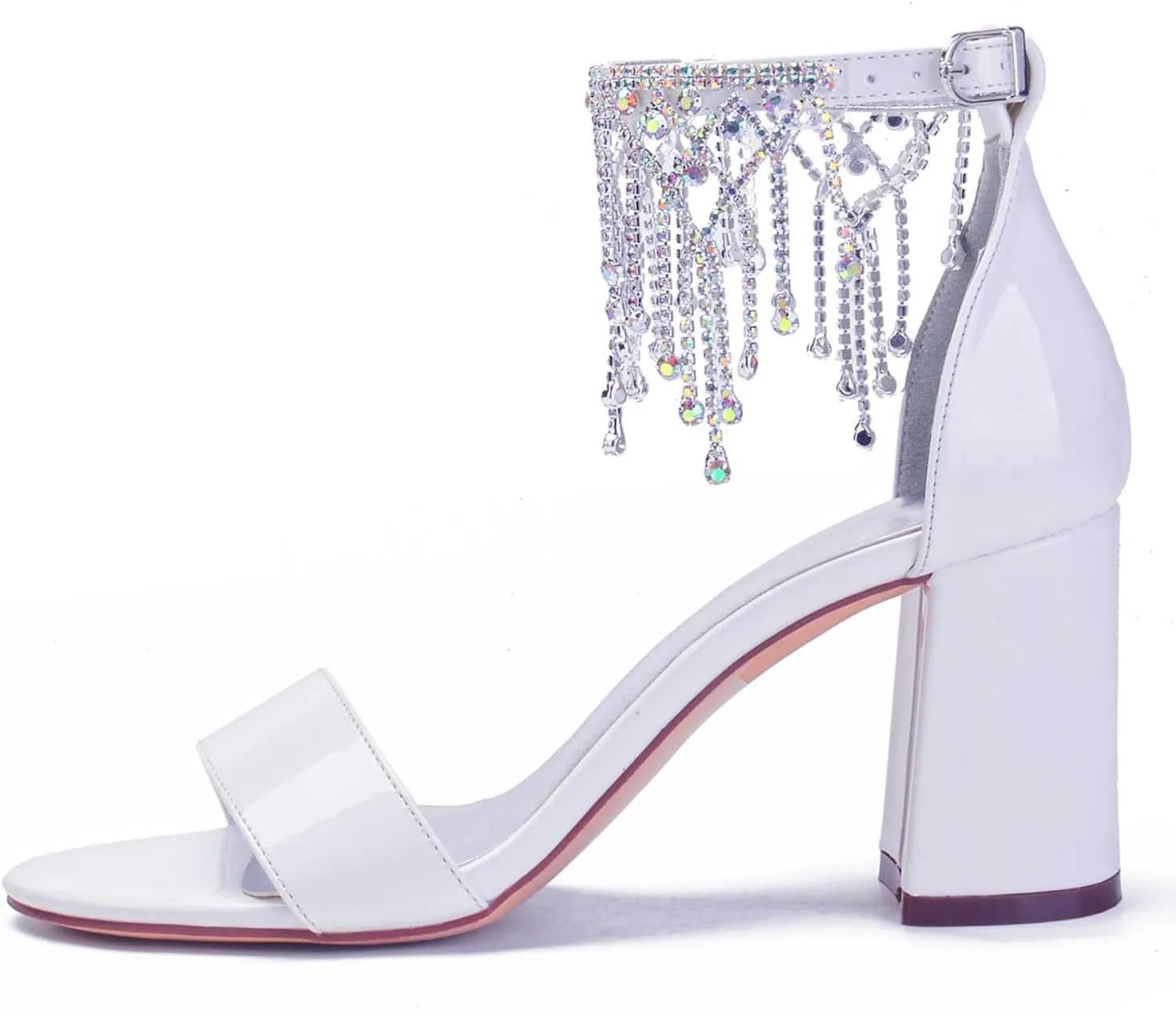 Women's Chunky High Heels Open Toe for Wedding Buckle Block Ankle Strap Rhinestones Dress Wedding Party Pumps Shoes