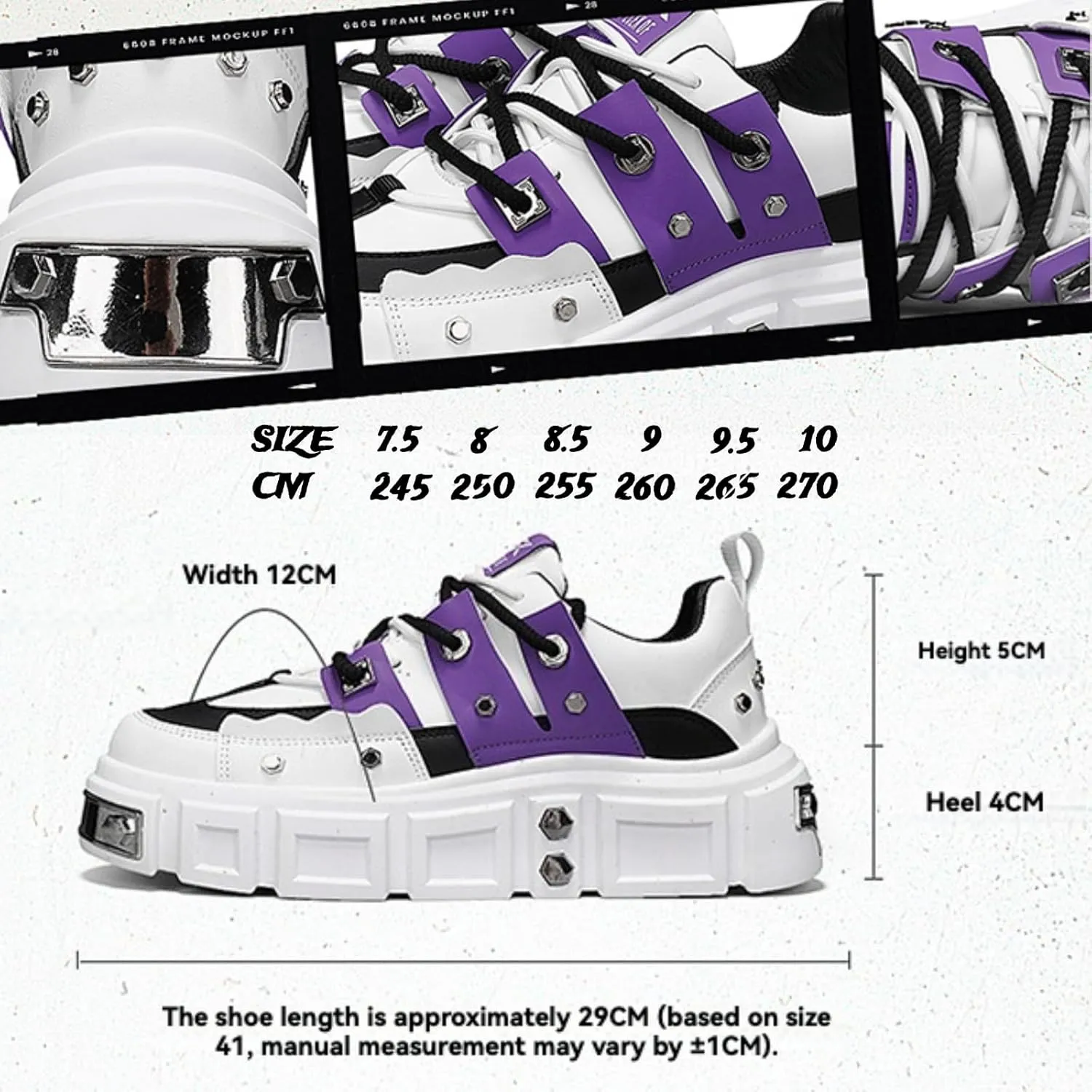Women’s Chunky Platform Derby Shoes, Edgy Punk Studded Sneakers, Retro Y2K Streetwear Dad Shoes, Height Boost Wide Toe