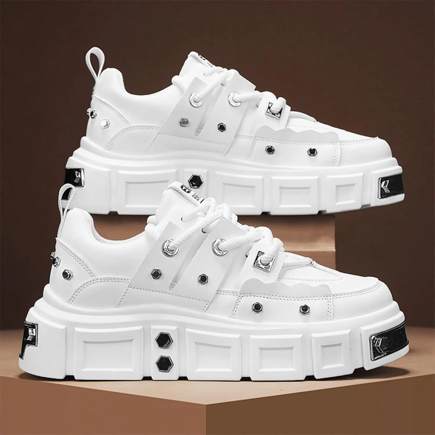 Women’s Chunky Platform Derby Shoes, Edgy Punk Studded Sneakers, Retro Y2K Streetwear Dad Shoes, Height Boost Wide Toe