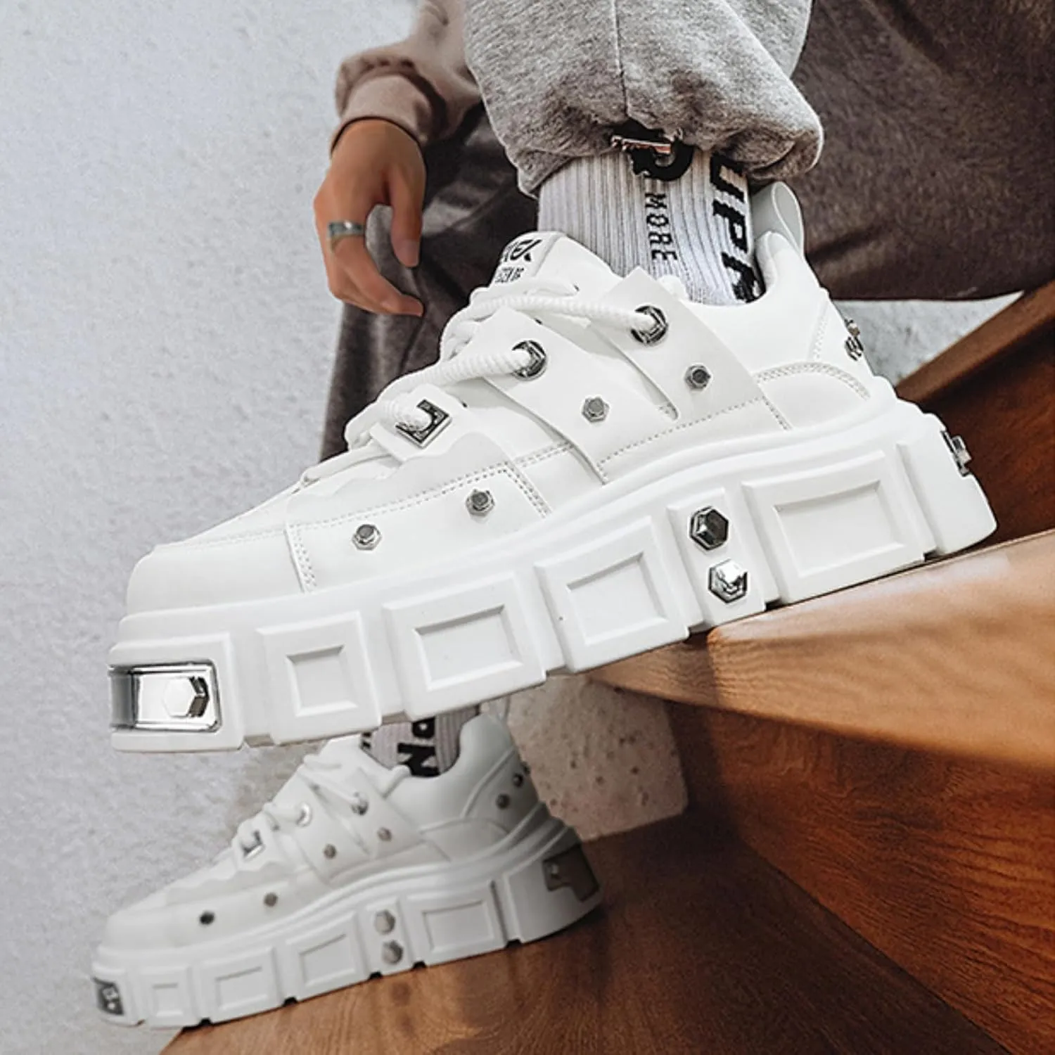 Women’s Chunky Platform Derby Shoes, Edgy Punk Studded Sneakers, Retro Y2K Streetwear Dad Shoes, Height Boost Wide Toe