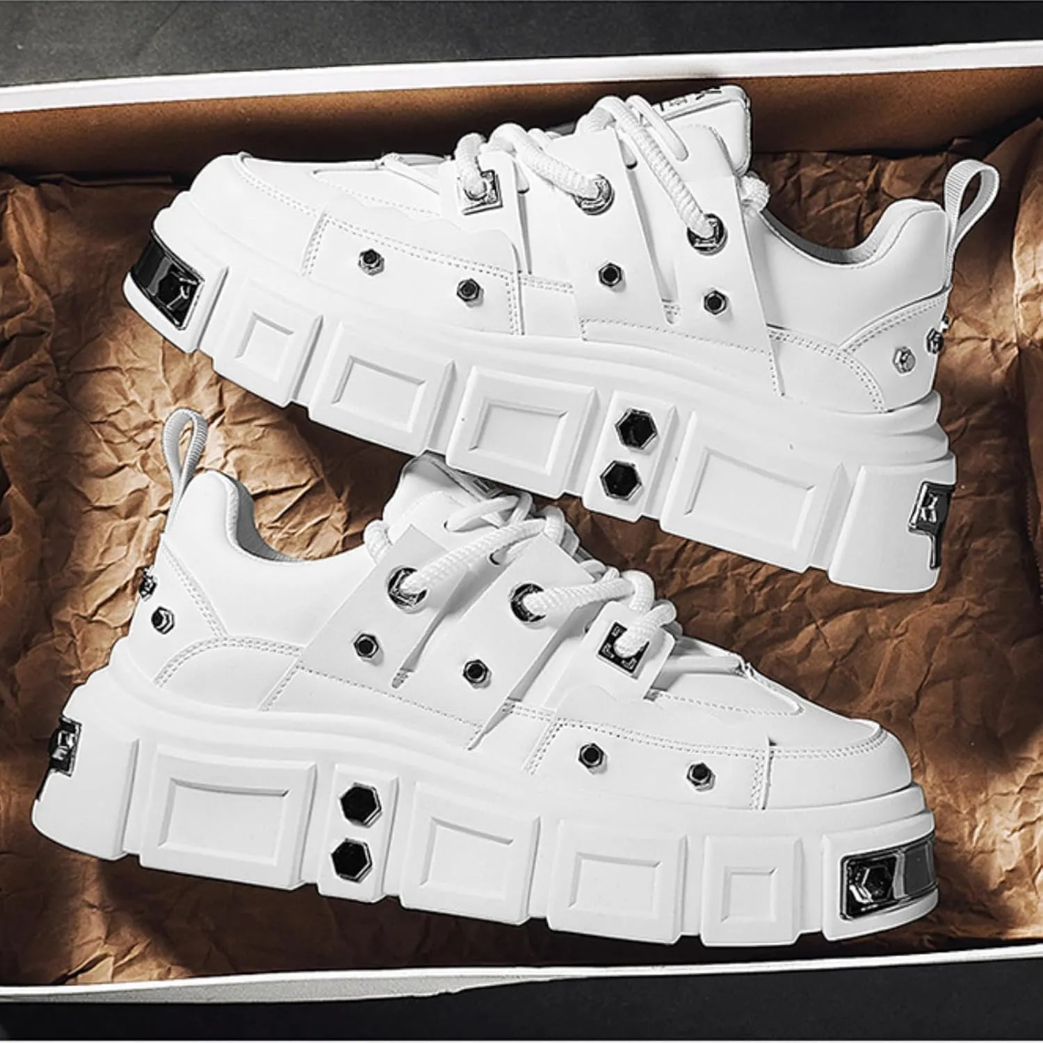 Women’s Chunky Platform Derby Shoes, Edgy Punk Studded Sneakers, Retro Y2K Streetwear Dad Shoes, Height Boost Wide Toe
