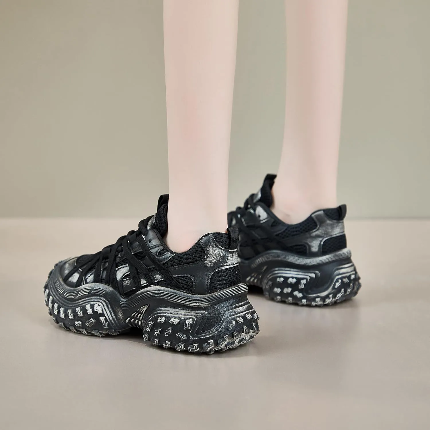 Women's Chunky Platform Sneakers Retro Mesh Lace-Up Walking Shoes Everyday Casual Athletic Shoes