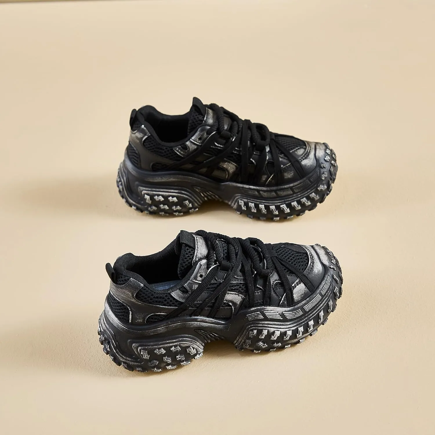 Women's Chunky Platform Sneakers Retro Mesh Lace-Up Walking Shoes Everyday Casual Athletic Shoes