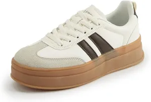 Women's Chunky Platform Sneakers - Retro Vintage Leather Casual Tennis Shoes- Thick Rubber Gum Sole Low Top Lace-Up Classic Walking Shoes