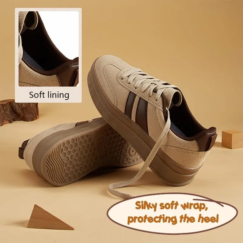Women's Chunky Platform Sneakers - Retro Vintage Leather Casual Tennis Shoes- Thick Rubber Gum Sole Low Top Lace-Up Classic Walking Shoes