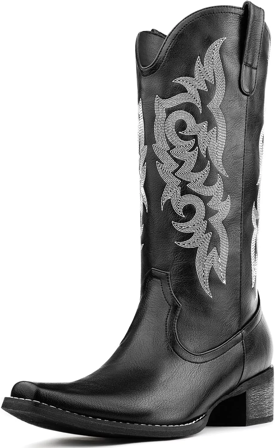 Women's Cowboy Boots Mid Calf Cowgirl Embroidered Western Pointed Toe Chunky Heel Pull On Mid Calf Boots