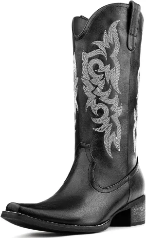 Women's Cowboy Boots Mid Calf Cowgirl Embroidered Western Pointed Toe Chunky Heel Pull On Mid Calf Boots