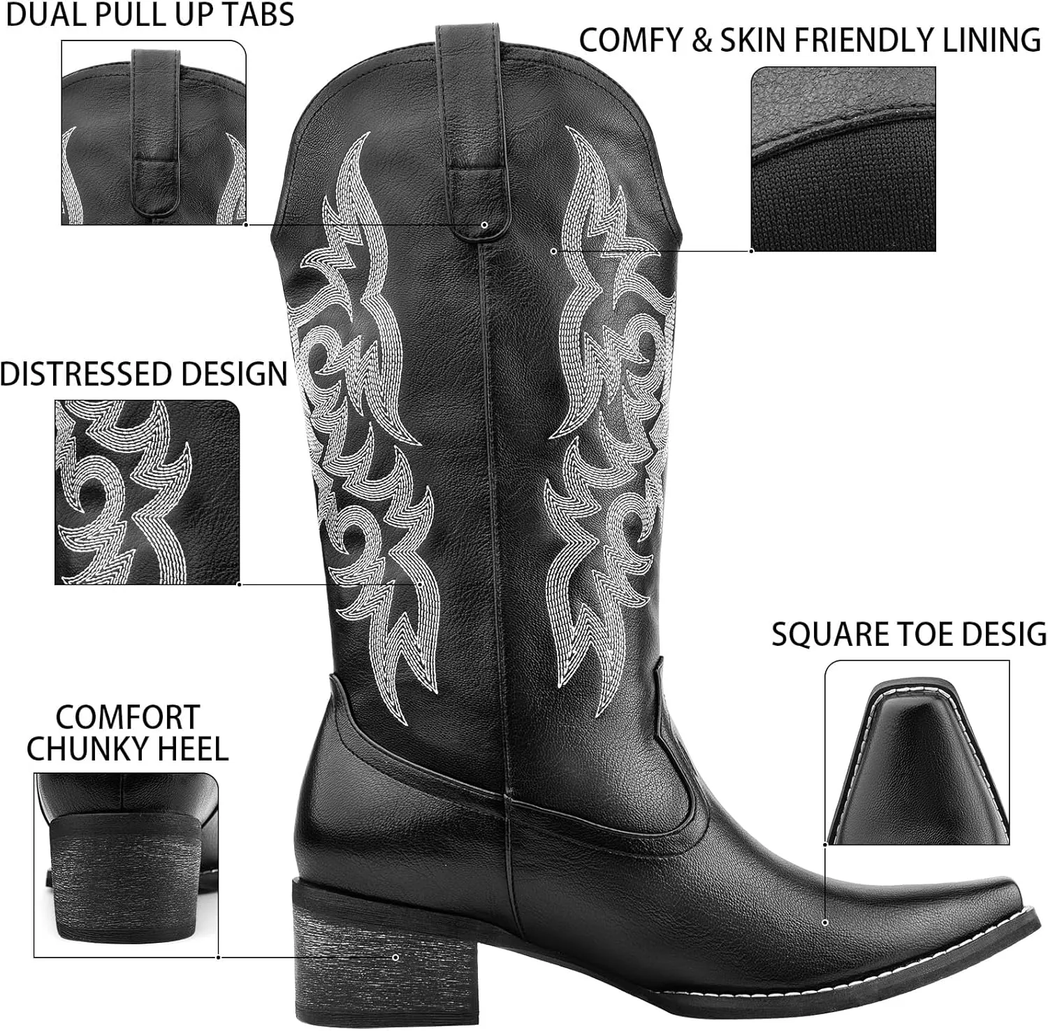 Women's Cowboy Boots Mid Calf Cowgirl Embroidered Western Pointed Toe Chunky Heel Pull On Mid Calf Boots