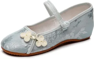 Women's Elegant Satin Chinese Style Hanfu Shoes Exquisite Flower Embroidered Ballet Flats Shoes Retro Classic Ethnic Style Ladies Casual Slip On Walking Shoes(Color:Green,Size:7)