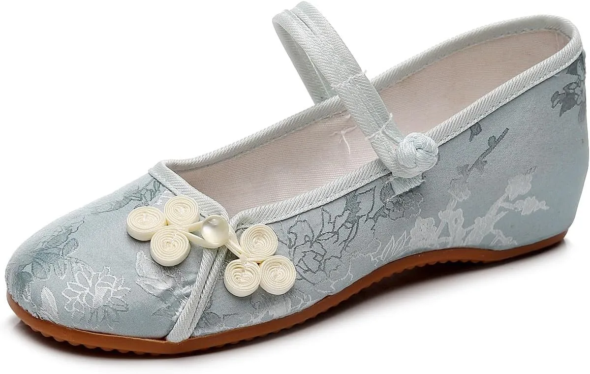 Women's Elegant Satin Chinese Style Hanfu Shoes Exquisite Flower Embroidered Ballet Flats Shoes Retro Classic Ethnic Style Ladies Casual Slip On Walking Shoes(Color:Green,Size:7)