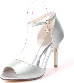 Women's Elegant Satin Kitten Heel Sandals with Buckle - Ivory White 3.54" (9cm) High Heels for Wedding, Bridal, Prom, and Evening Parties